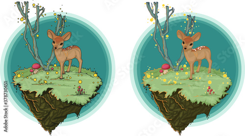 Cartoon deer in a fairy forest scene set. Colorful bambi vector illustration template with outlines for wallpaper, games, background, pattern, decor. Print for fabrics and other surfaces.