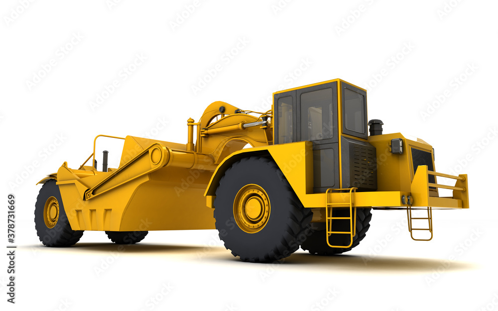 New clean wheel tractor scraper isolated on white background. Front side view. Low angle. 3D render