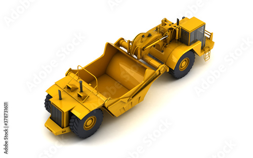 New clean wheel tractor scraper isolated on white background. Isometric. Rear view. View from above. 3D render