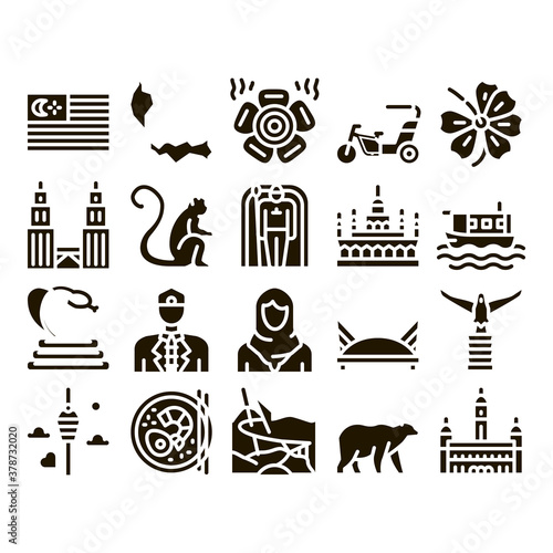 Malaysia National Glyph Set Vector. Malaysia Flag And Architecture Building, Monkey And Snake, Traditional Food And Clothes Glyph Pictograms Black Illustrations