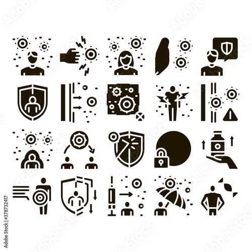 Immunity Human Biological Defense Icons Set Vector. Protective Bacterias, Syringe And Shield, Vitamin And Healthcare Pills For Immunity Glyph Pictograms Black Illustrations