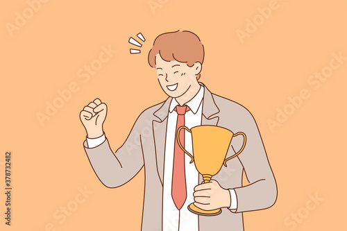 Success, celebration, win, goal achievement, business concept. Happy smiling young businessman clerk leader stands with cup, celebrating victory. Reaching purposes and winning competition illustration
