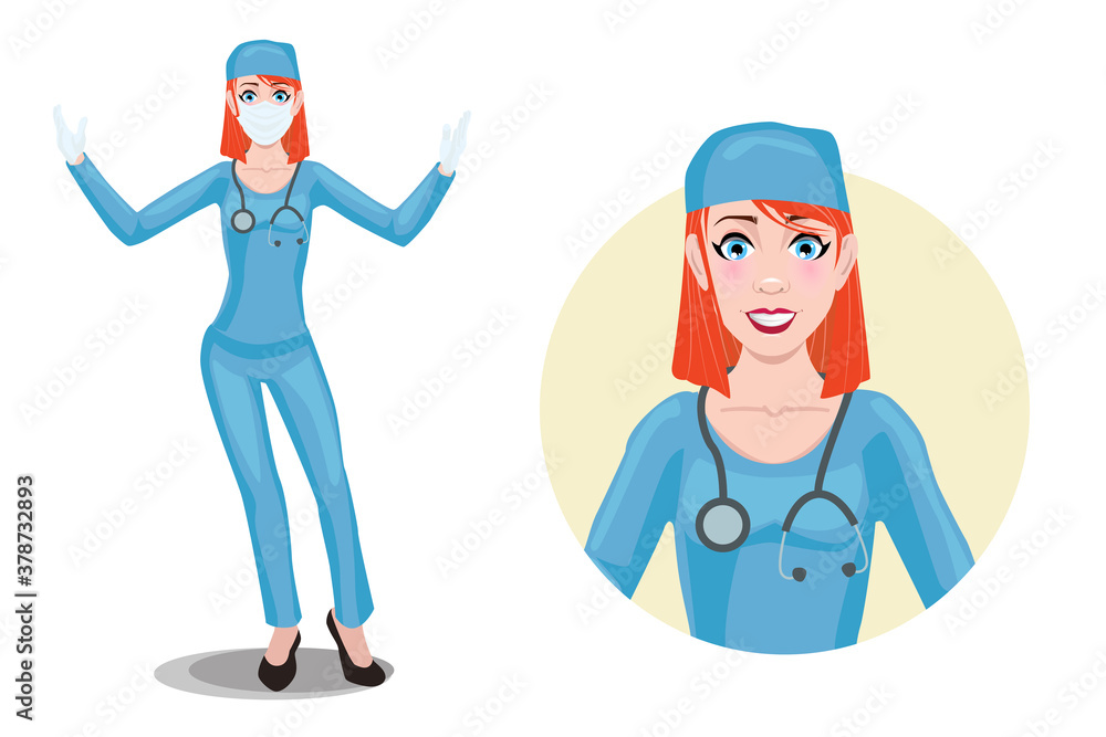 Redhead woman doctor in mask. Facial expression of a beautiful young female nurse. Emotion-amaze. Redhead woman doctor in mask. Facial expression of a beautiful young female nurse. Emotion-amaze.