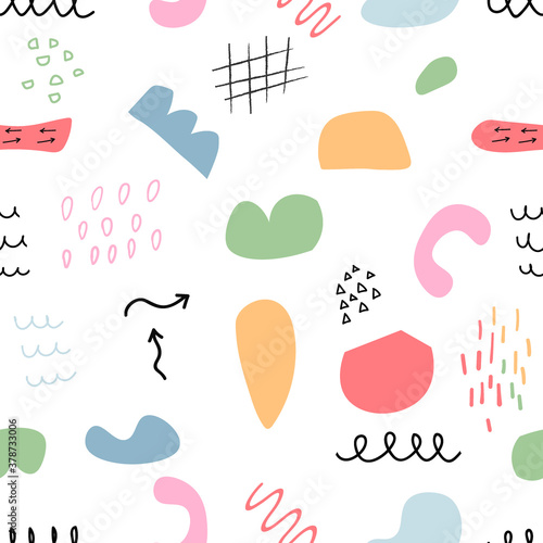 Different Colorful abstract pattern. Various Hand drawn Shapes and Doodle objects. Contemporary modern trendy Vector Seamless patterns. Perfect for textile prints, kids design