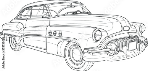 Retro vintage car sketch with outlines. Vector illustration in black and white for games, background, pattern, decor. Print for fabrics and other surfaces. Coloring paper, page, book