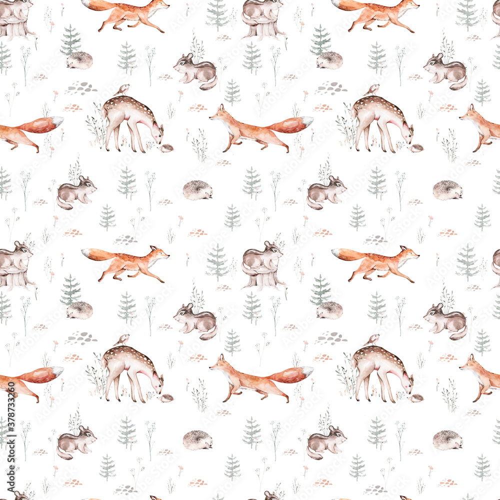 Obraz Akwarela Woodland zwierzę skandynawski wzór. Tkanina tapeta tło z sową, jeżem, lisem i motylem, wiewiórką leśną królika i wiewiórką, niedźwiedziem i ptaszkiem,