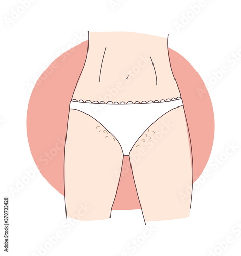 The teenage girl and pubic hair. Wears white panties