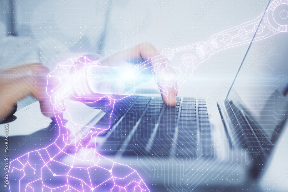 Naklejka premium AR hologram with man working on computer on background. Augmented reality concept. Double exposure.