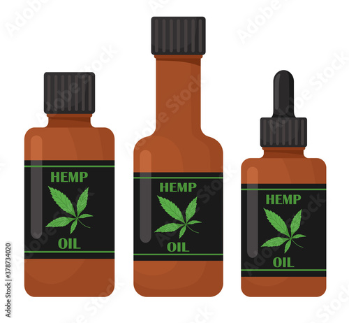 Hemp oil. Set of glass bottles. Vector isolates on white background in flat style.