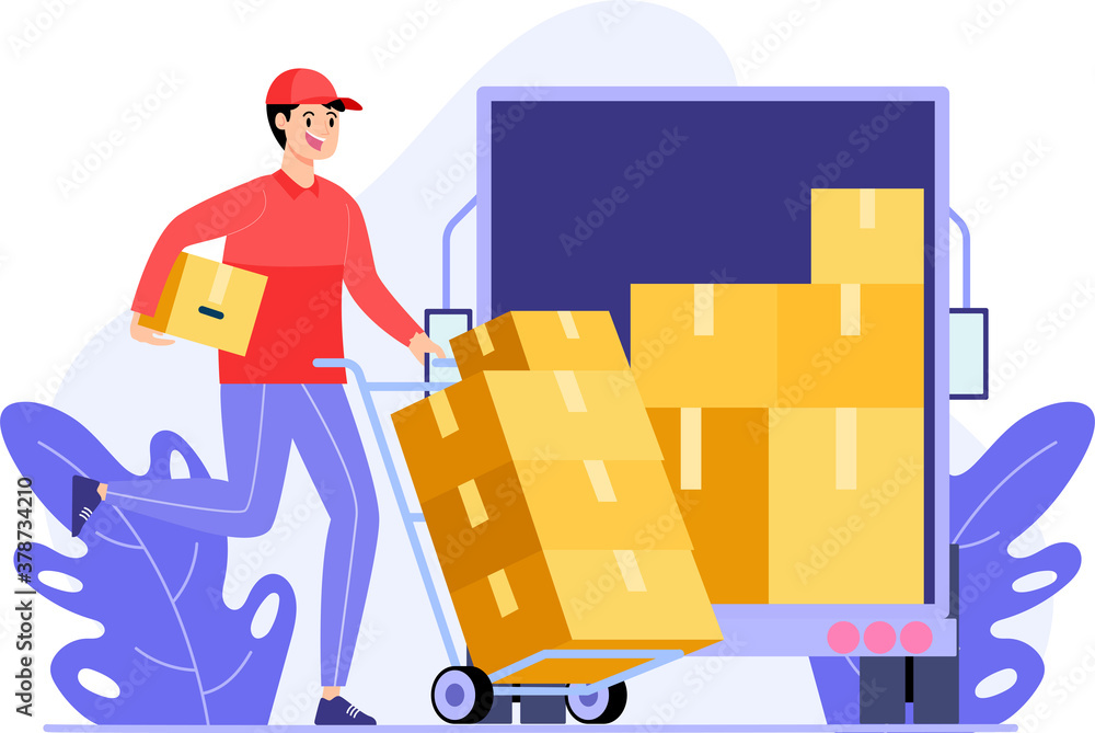 courier workers move the package boxes into the box truck flat illustration courier workers move the package boxes into the box truck flat illustration