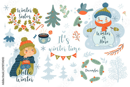 Collection of winter items isolate on white background. Vector graphics.