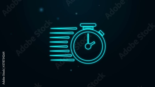 Glowing neon line Stopwatch icon isolated on black background. Time timer sign. 4K Video motion graphic animation.