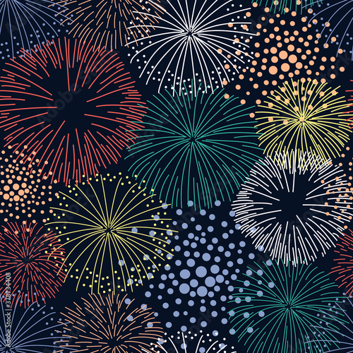 Seamless pattern with colorful fireworks. Pattern on a dark background for festive packaging. Bright sparks of fireworks for fabric design. Flat vector illustration.