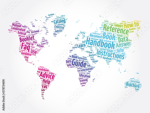 Handbook word cloud in shape of world map  concept background