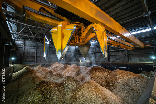 Piles of wood chips in storage