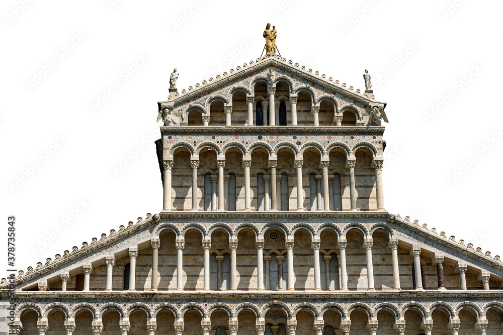 Main facade of the Pisa Cathedral, (Duomo of Santa Maria Assunta), in Pisan Romanesque style, isolated on white background. Square of Miracles (Piazza dei Miracoli), Tuscany, Italy, Europe.