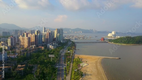 day time zhuhai city famous beach bay opera house island aerial view 4k china photo