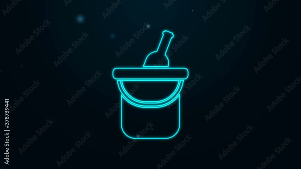 Glowing neon line Bottle of wine in an ice bucket icon isolated on black background. 4K Video motion graphic animation. Glowing neon line Bottle of wine in an ice bucket icon isolated on black background. 4K Video motion graphic animation.