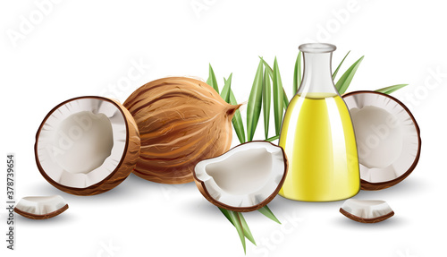 Coconut oil fresh organic product. Whole and cracked coconuts on podium. Realistic. 3D mockup product placement. Place for text. Vectors