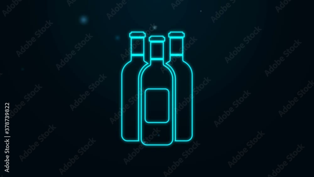Glowing neon line Bottles of wine icon isolated on black background. 4K Video motion graphic animation. Glowing neon line Bottles of wine icon isolated on black background. 4K Video motion graphic animation.