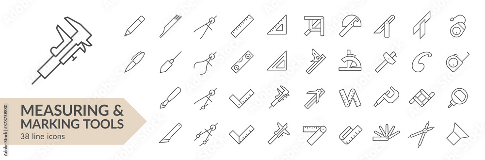 Measuring & marking tools line icon set. Isolated signs on white background. Vector illustration. Collection Measuring & marking tools line icon set. Isolated signs on white background. Vector illustration. Collection