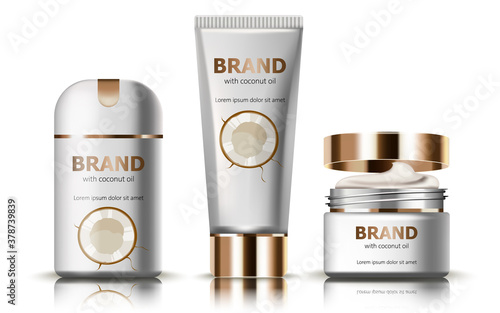 Set of deodorant and creams with coconut oil. Realistic. 3D mockup product pl...