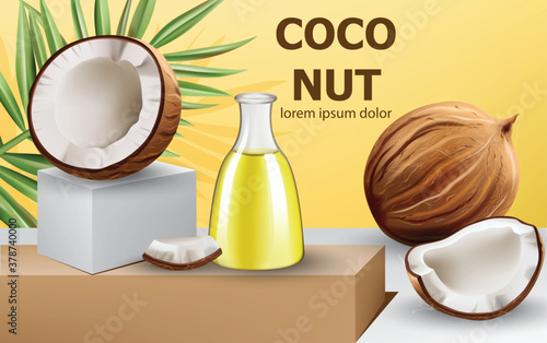 Coconut oil fresh organic product. Whole and cracked coconuts on podium. Real...