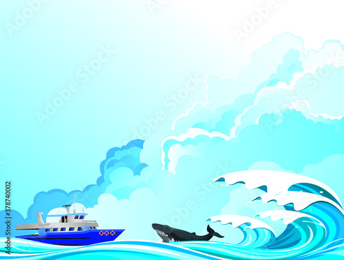 Tourism whale watching boat at sea set against a blue cloudy sky