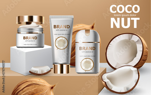 Deodorant and creams on podiums surrounded by whole and cracked open coconuts...