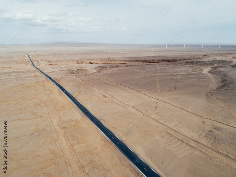 Aerial view of trail in desert