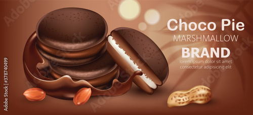 Three stacked choco pies with marshmallow surrounded by flowing chocolate and peanuts. Realistic. 3D mockup product placement. Place for text