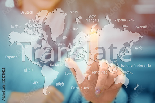 Concept of translation from different languages on an abstract world map photo