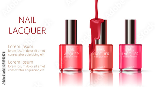 Three nail lacquer containers with liquid pouring from top. Realistic. 3D mockup product placement. Place for text