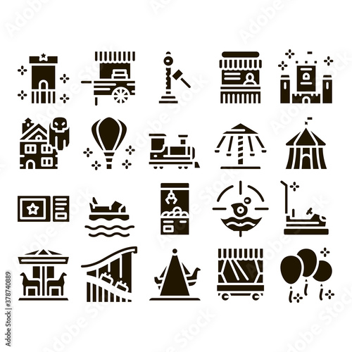 Amusement Park And Attraction Icons Set Vector. Castle And Train, Electrical Car And Boat, Ticket And Air Balloon Attraction Collection Glyph Pictograms Black Illustrations