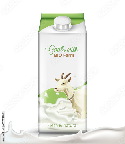 Carton box with a goat submerged in milk on it. Fresh and natural. Realistic. 3D mockup product placement