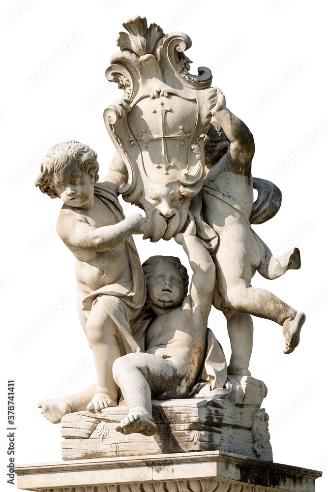Putti fountain isolated on white Background, Square of Miracles (Piazza dei Miracoli), Pisa, Tuscany, Italy. Three marble cherubs support the coat of arms of the city. Sculptor, Giovanni Antonio Cybei