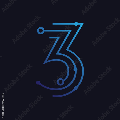 Number three / third / 3 vector font alphabet, technological flat design for your unique elements design ; logo, corporate identity, application, creative poster & more