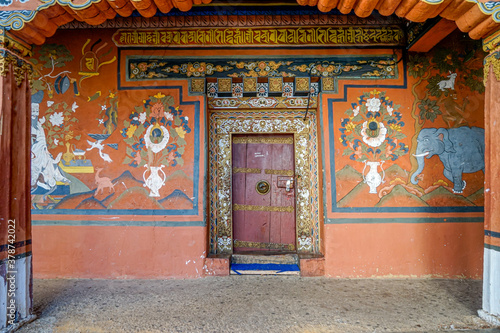 Bhutan, in the city of Paro, beautyful decorated door in the Rinpung Dzong