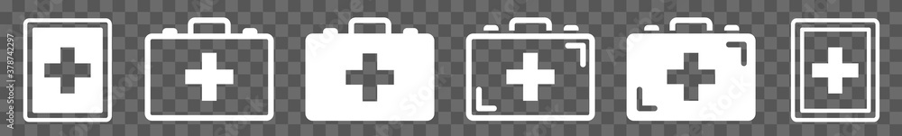 Fototapeta premium First Aid Kit Icon White | Emergency Box Illustration | Medical Help Symbol | Paramedic Bag Logo | Cross Sign | Isolated Transparent | Variations