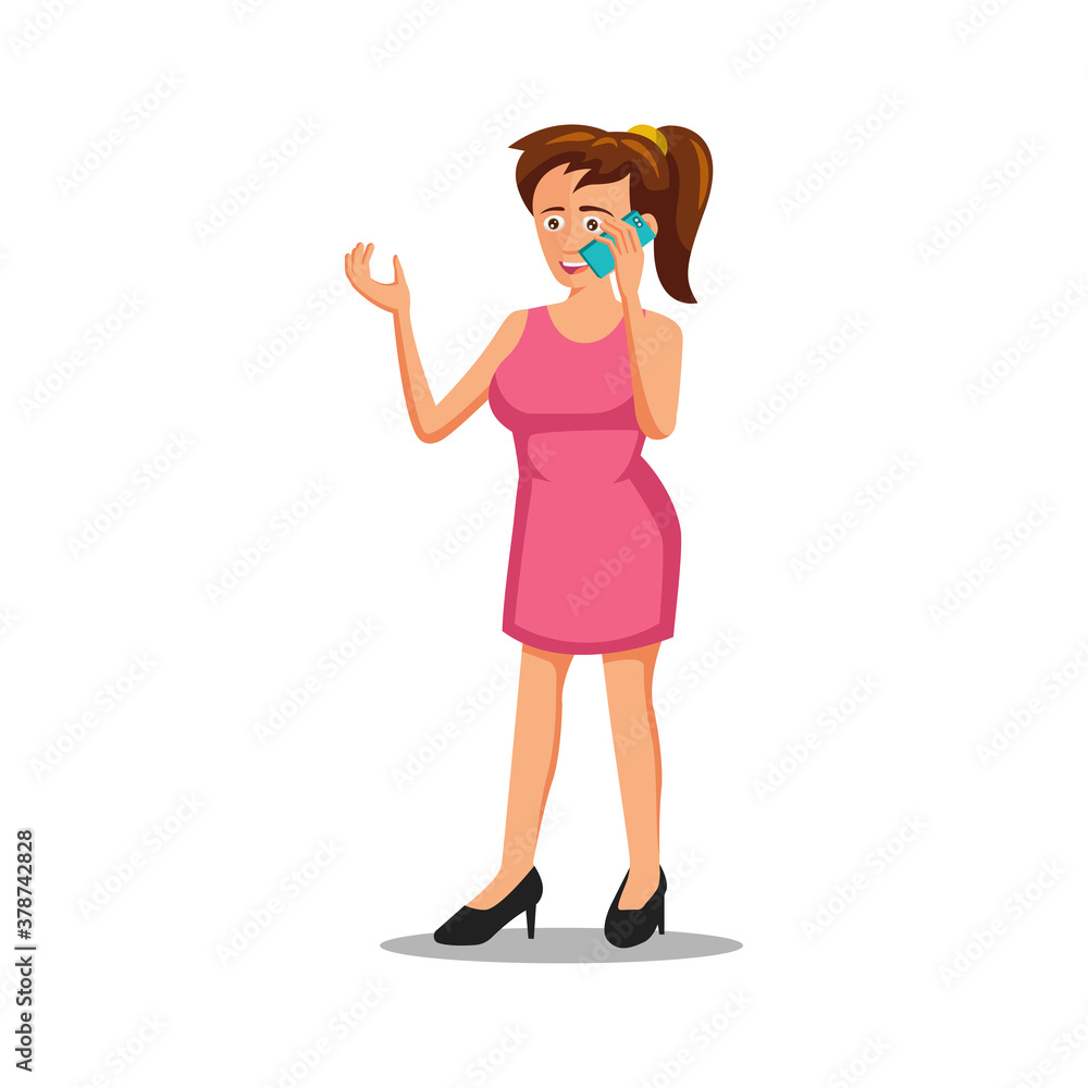 flat design of cartoon character of woman is calling phone flat design of cartoon character of woman is calling phone