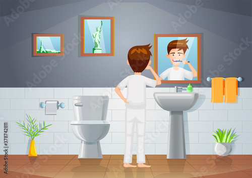 cartoon version of bathroom scene with man brushing teeth