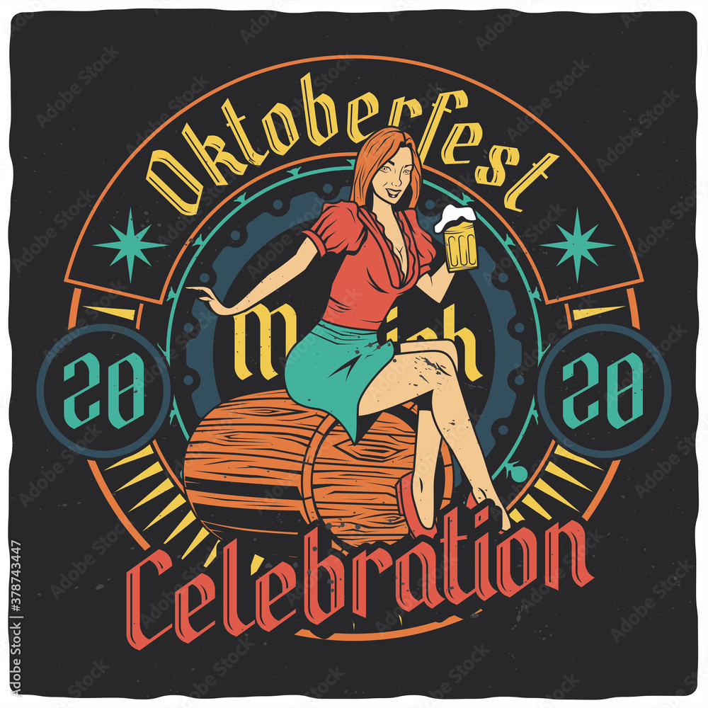Obraz premium T-shirt or poster design with illustration of girl sitting on beer barrel. Ready apparel design.