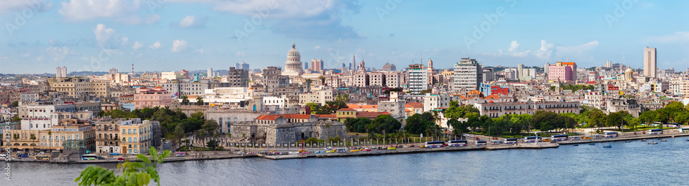 Havana, Cuba-October 07, 2016. Close-up panorama view of historical old Havana city with famous buildings and monumets from Casablanka, the east of the entrance to Havana Harbor on October 07 2016.
