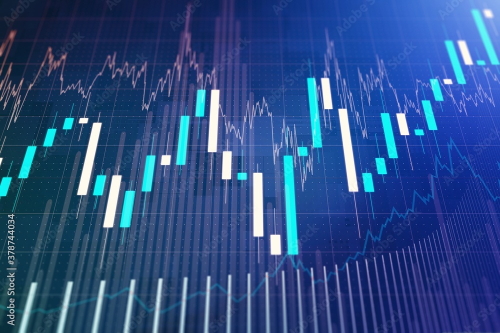Abstract virtual financial graph on blue background, financial and trading concept. 3D Rendering Abstract virtual financial graph on blue background, financial and trading concept. 3D Rendering
