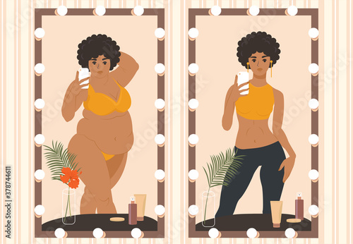 Mirror selfie. Overweight Problems. Weight loss and diet. Young fat and slim African American Girl taking a selfie on smartphone. 