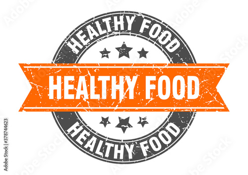 healthy food round stamp with ribbon. label sign