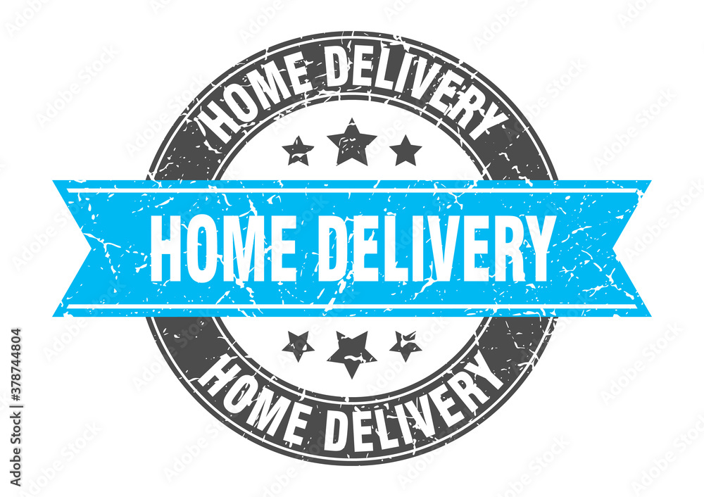 home delivery round stamp with ribbon. label sign