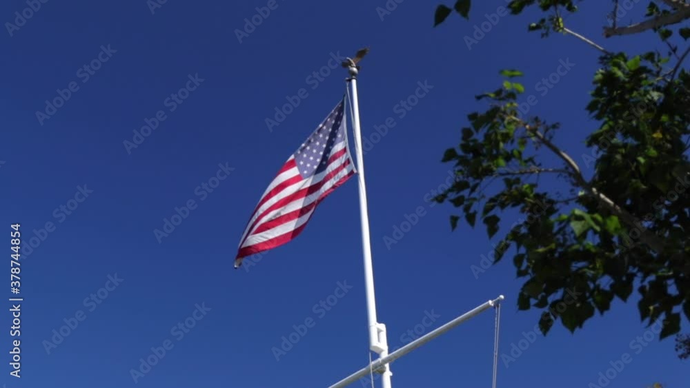 An American flag at a park with a tree in the foreground. An American flag at a park with a tree in the foreground.