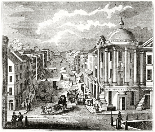 Top front view of State Street, Albany, U.S. Ancient engraving style art by unidentified author, The Penny Magazine, London, 1837