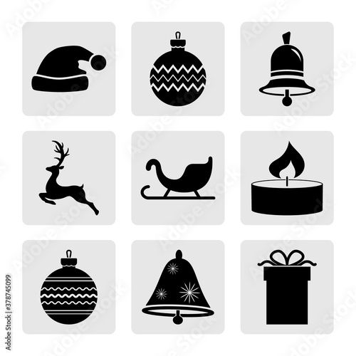 Set of Christmas stencil isolated on white. Collection icons. Deer, christmas ball, sledge, bell, candle, gift etc. Vector stock illlustration. EPS 10